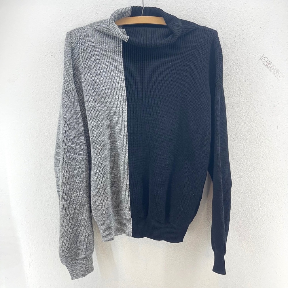 Edinburgh Knitwear Pima Cotton Colorblock Turtleneck Sweater Black Grey Womens S